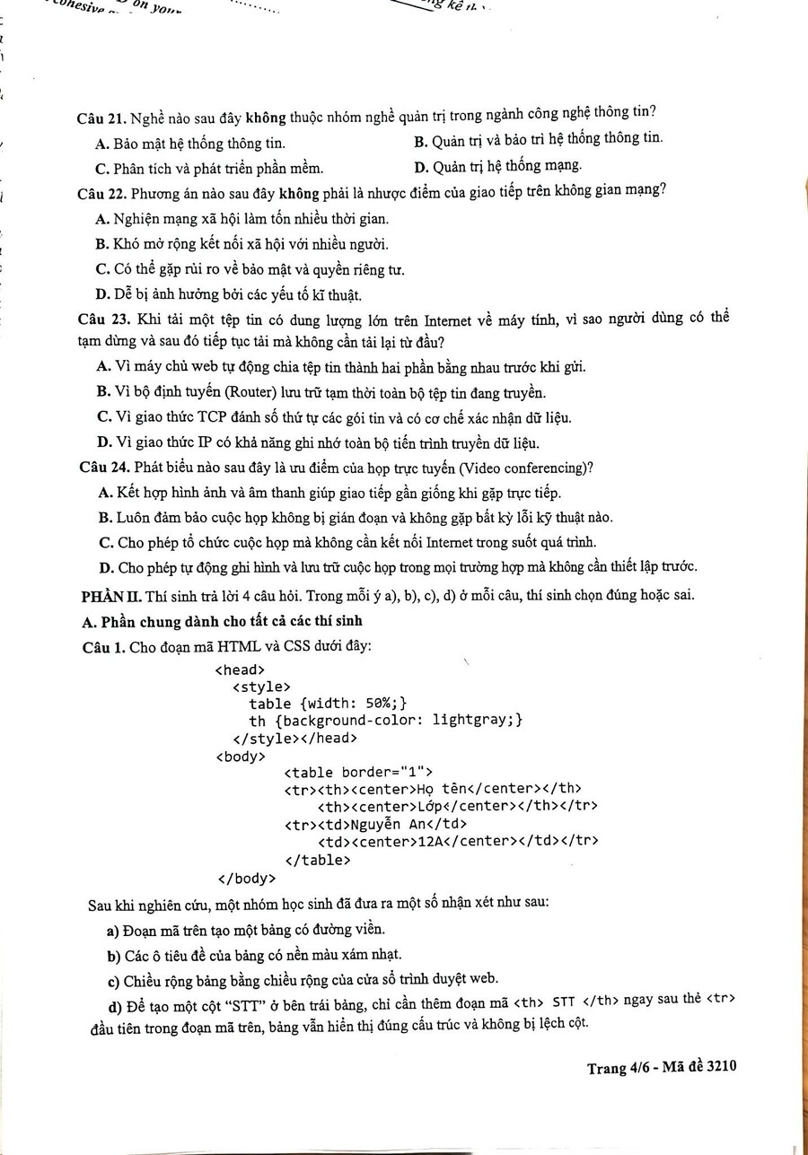 Đề thi khảo sát môn tin học Hà Nội 2026 4