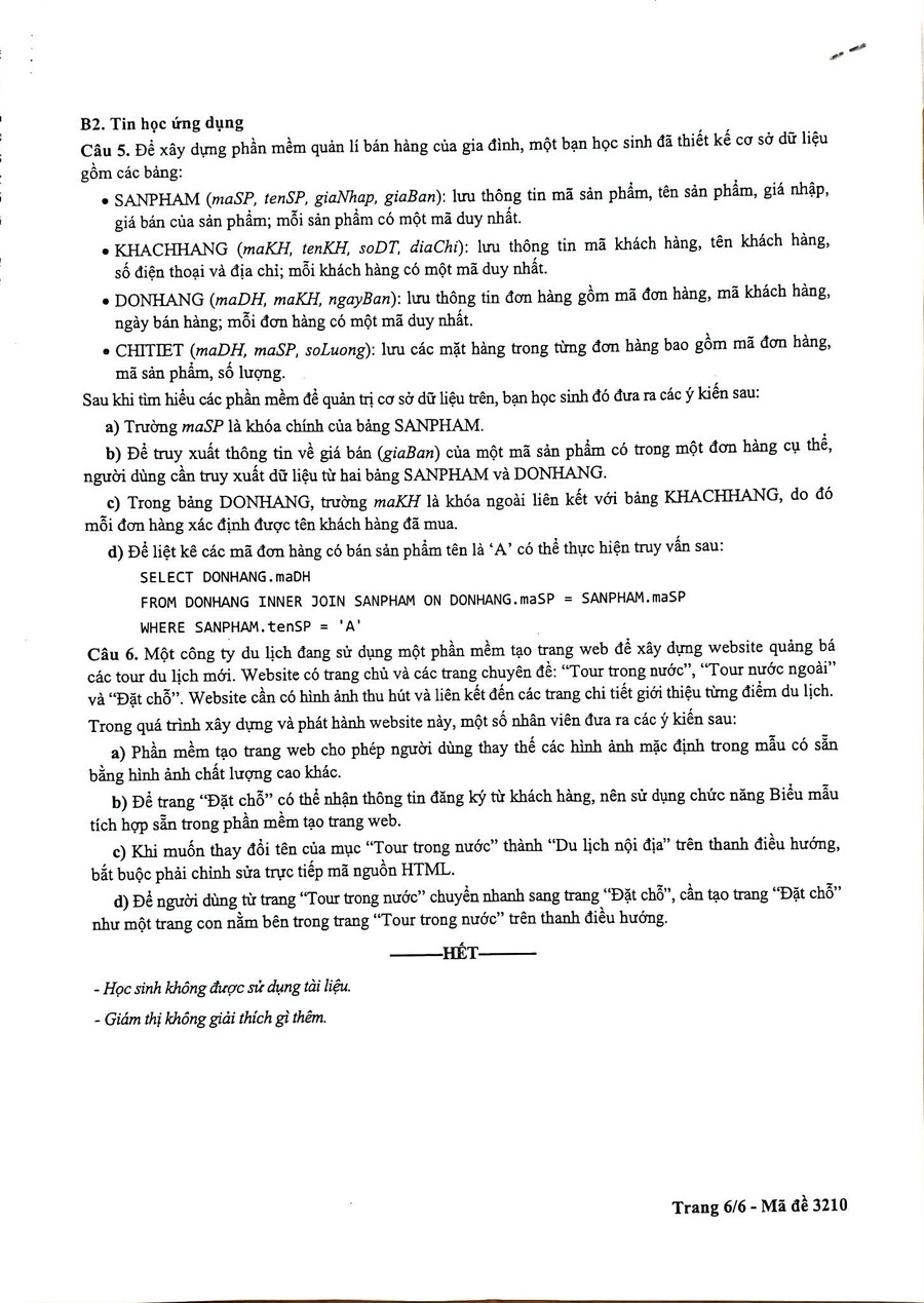 Đề thi khảo sát môn tin học Hà Nội 2026 6
