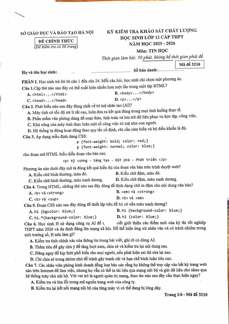 Đề thi khảo sát môn tin học Hà Nội 2026