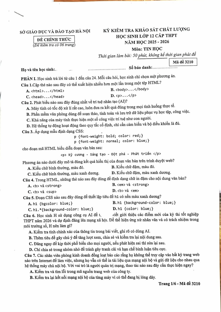 Đề thi khảo sát môn tin học Hà Nội 2026