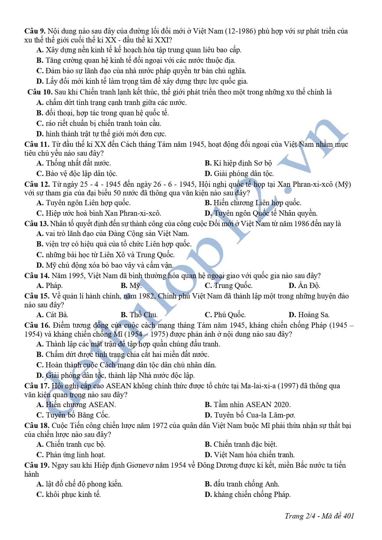 Đề thi cuối học kì 2 lịch sử lớp 12 Nam Định 2025  2