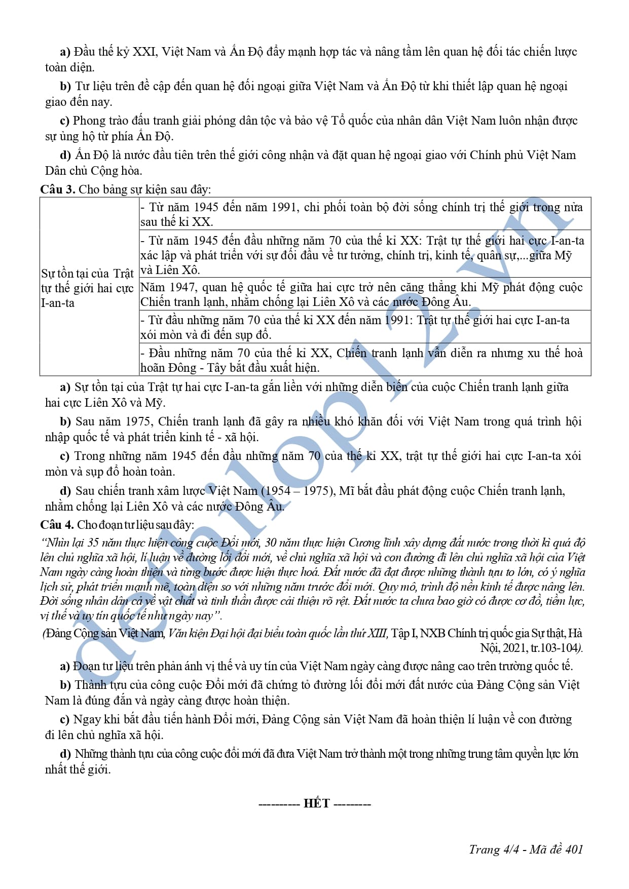 Đề thi cuối học kì 2 lịch sử lớp 12 Nam Định 2025 4