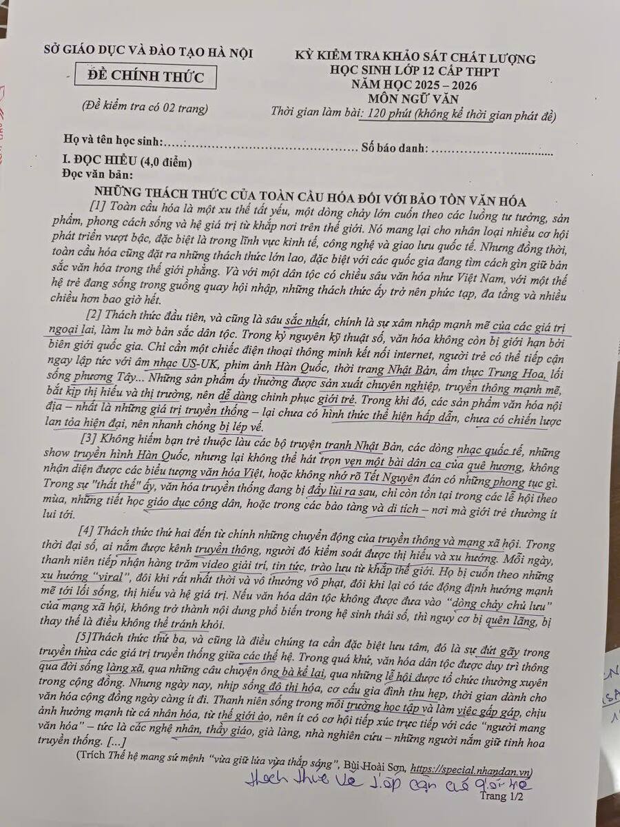 Đề thi tốt nghiệp môn văn thành phố Hà Nội 2026 