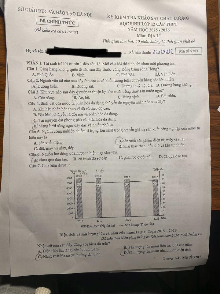 Đề thi khảo sát chất lượng Môn Địa Hà Nội 2026