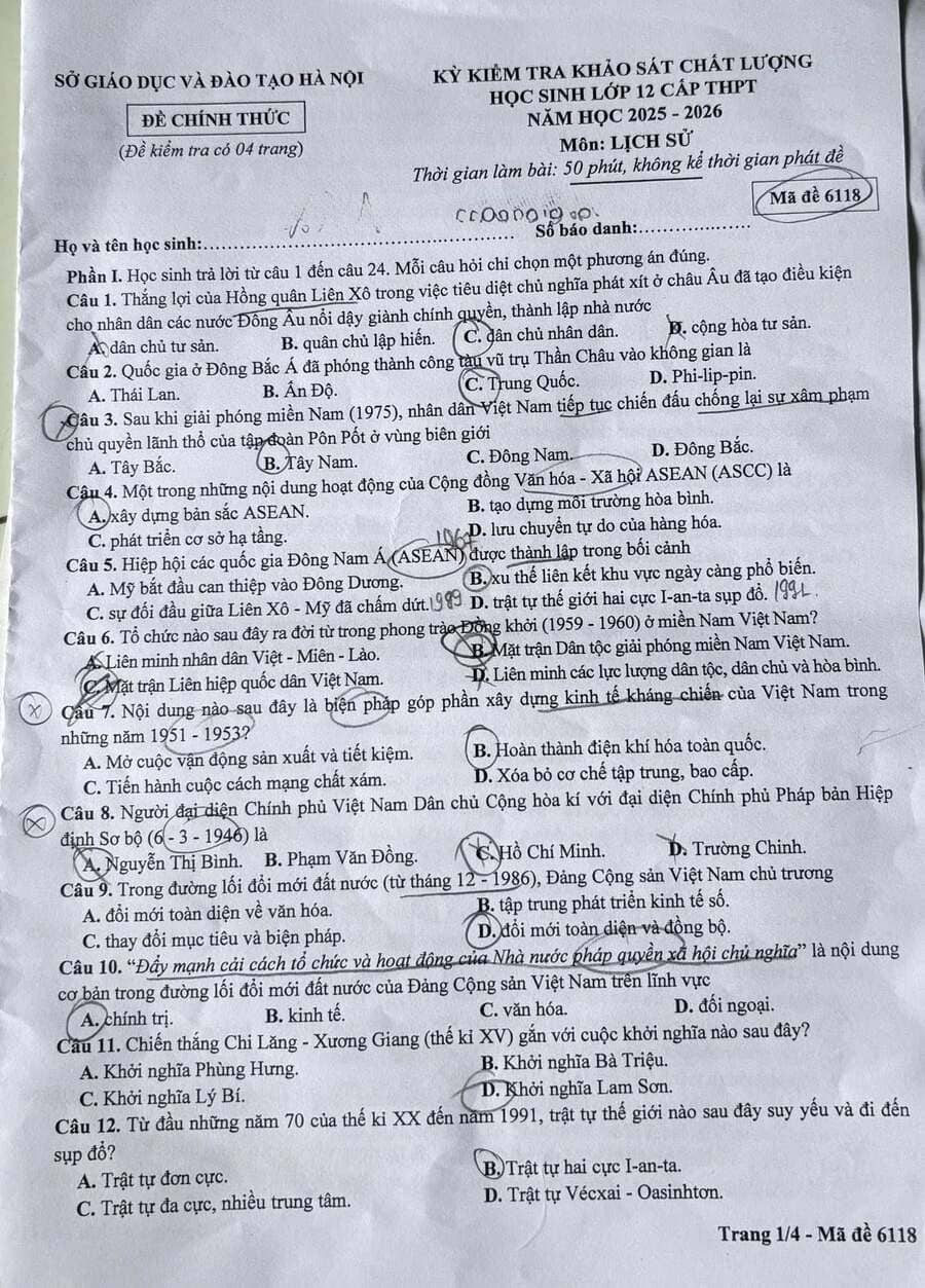 Đề thi khảo sát chất lượng lớp 12 Môn Sử Hà Nội 2026