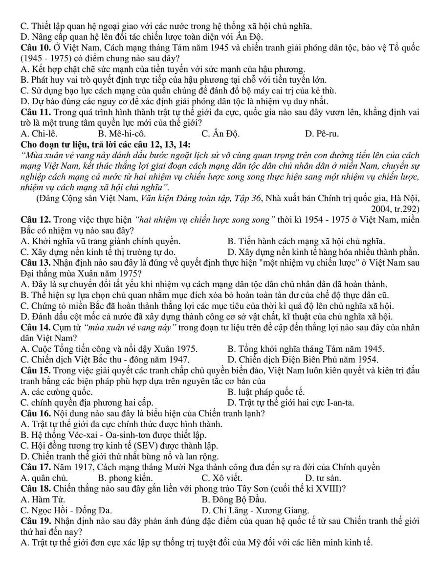 Đề thi thử tốt nghiệp môn sử Thái Nguyên 2026 lần 1 2