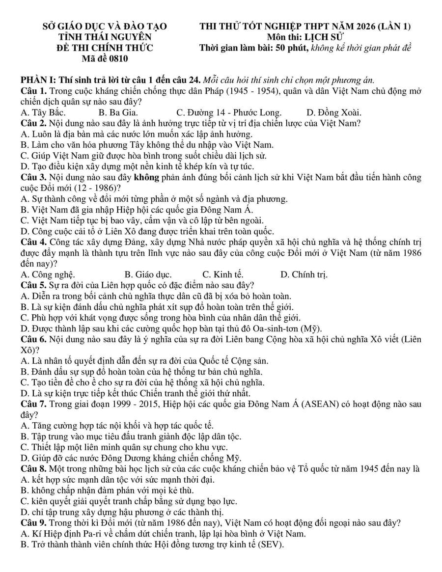 Đề thi thử tốt nghiệp môn sử Thái Nguyên 2026 lần 1