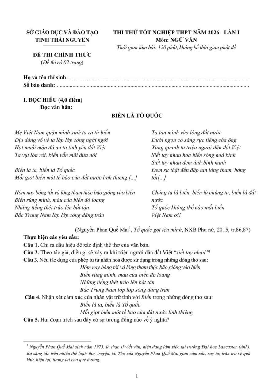 Đề thi thử tốt nghiệp môn văn Thái Nguyên 2026 lần 1