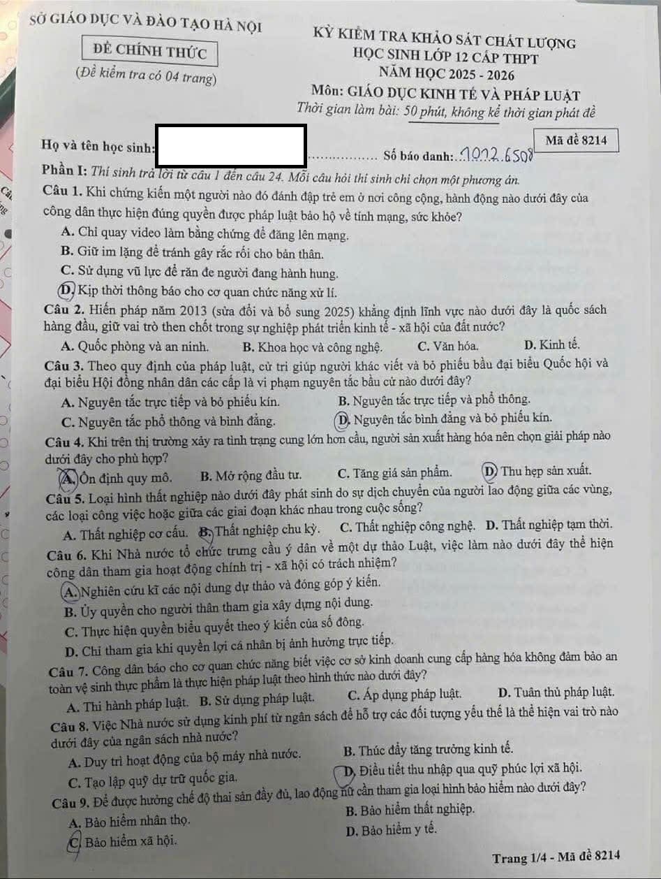Đề thi khảo sát lớp 12 môn KTPL Hà Nội 2026 