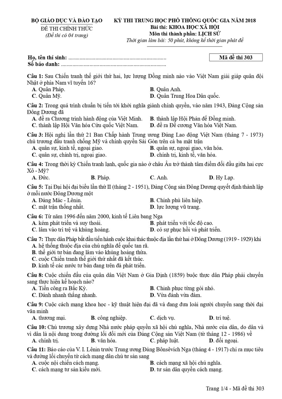 Đề chính thức môn sử 2018