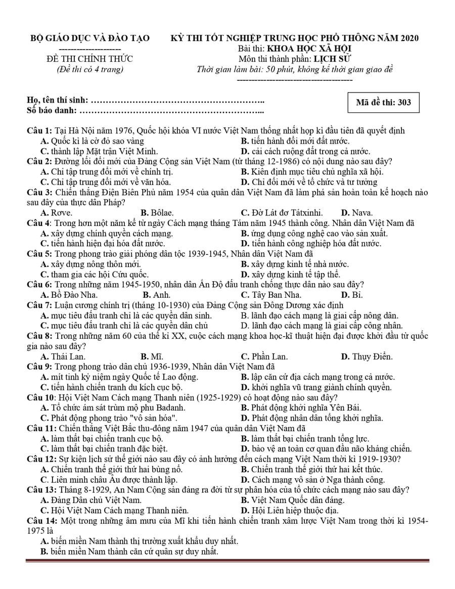 Đề chính thức môn sử 2020