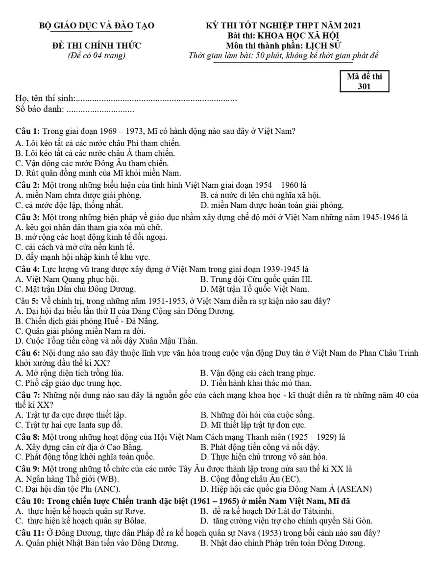 Đề chính thức môn sử 2021