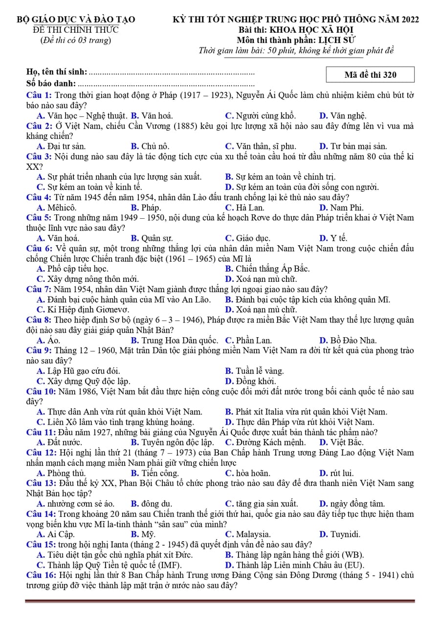Đề chính thức môn sử 2022