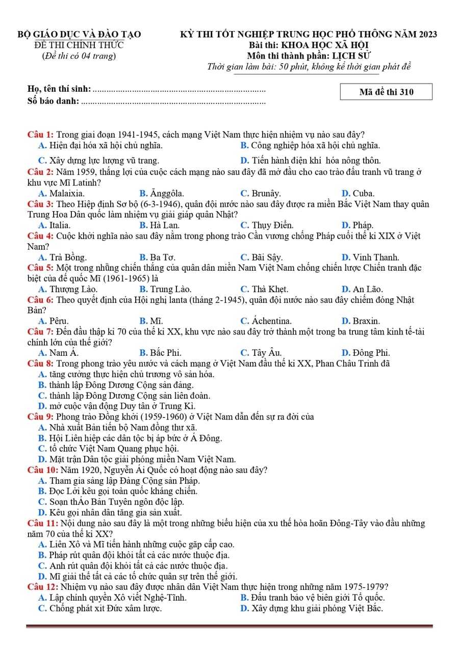 Đề chính thức môn sử 2023