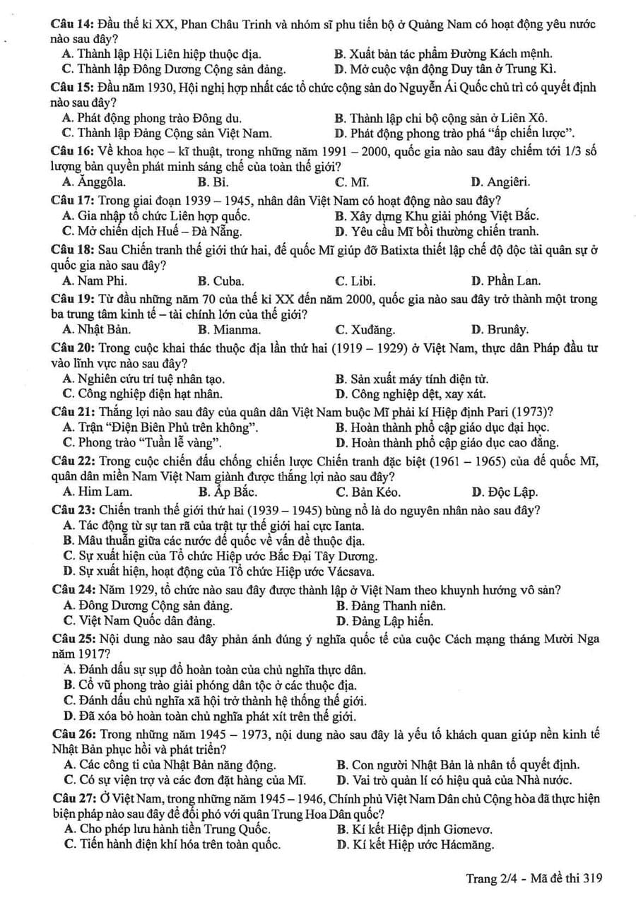 Đề chính thức môn sử 2024 2