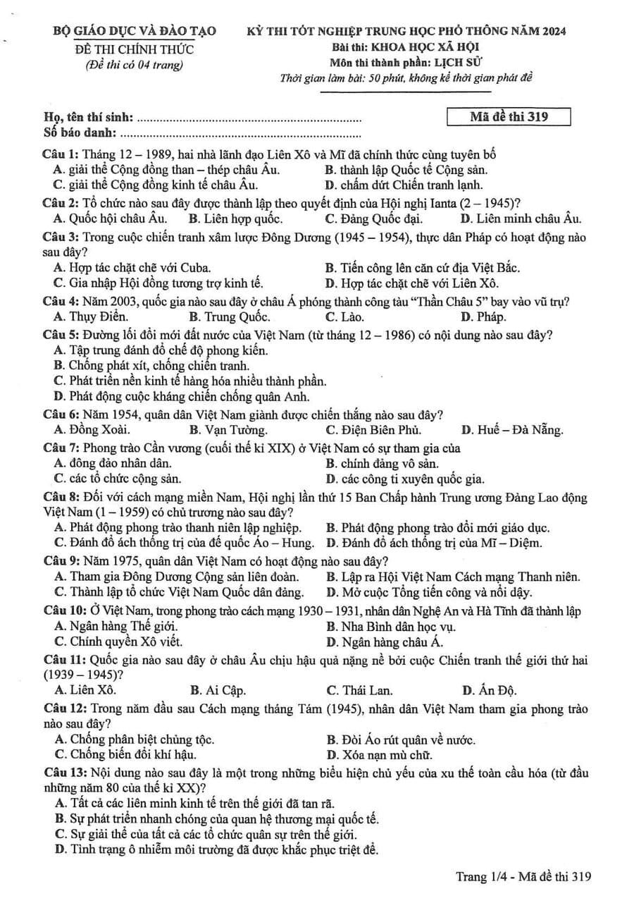 Đề chính thức môn sử 2024