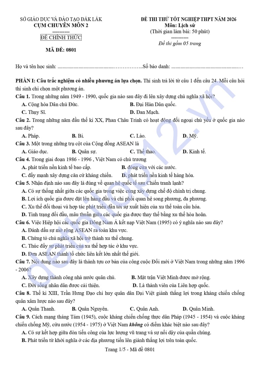 Đề thi thử tốt nghiệp môn sử cụm chuyên môn số 2 Daklak 2026