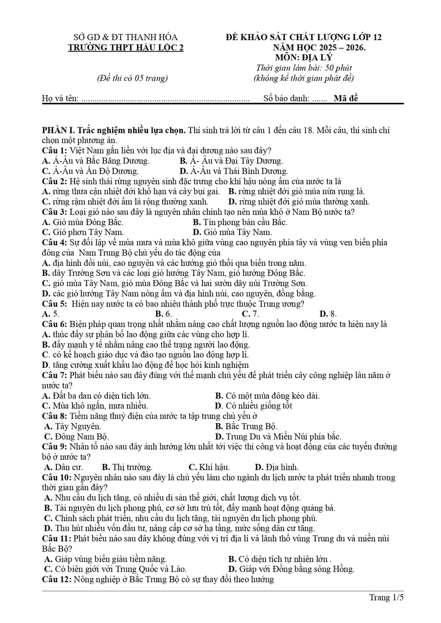 Đề thi khảo sát môn địa lớp 12 THPT Hậu Lộc 2 2026