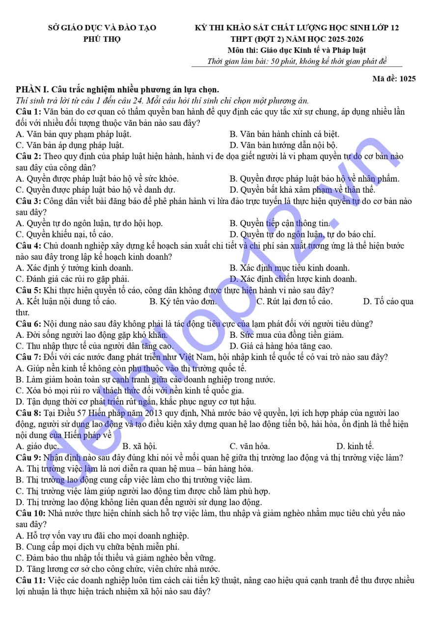 Đề thi khảo sát môn KTPL Phú Thọ 2026 lần 2