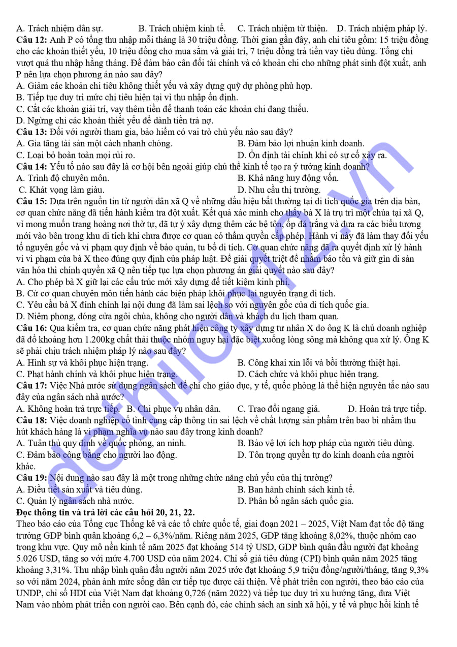 Đề thi khảo sát môn KTPL Phú Thọ 2026 lần 2 2