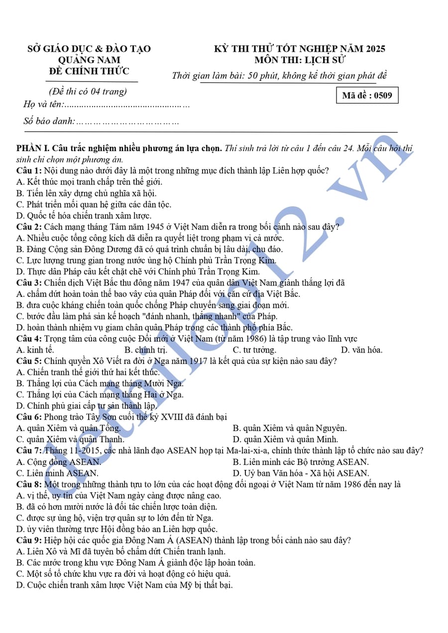 Đề thi thử tốt nghiệp môn sử tỉnh Quảng Nam 2025