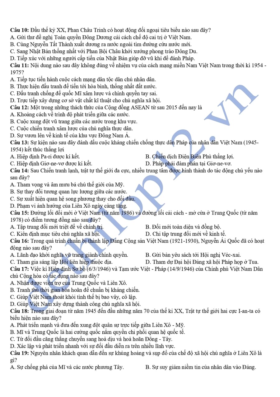 Đề thi thử tốt nghiệp môn sử tỉnh Quảng Nam 2025 2