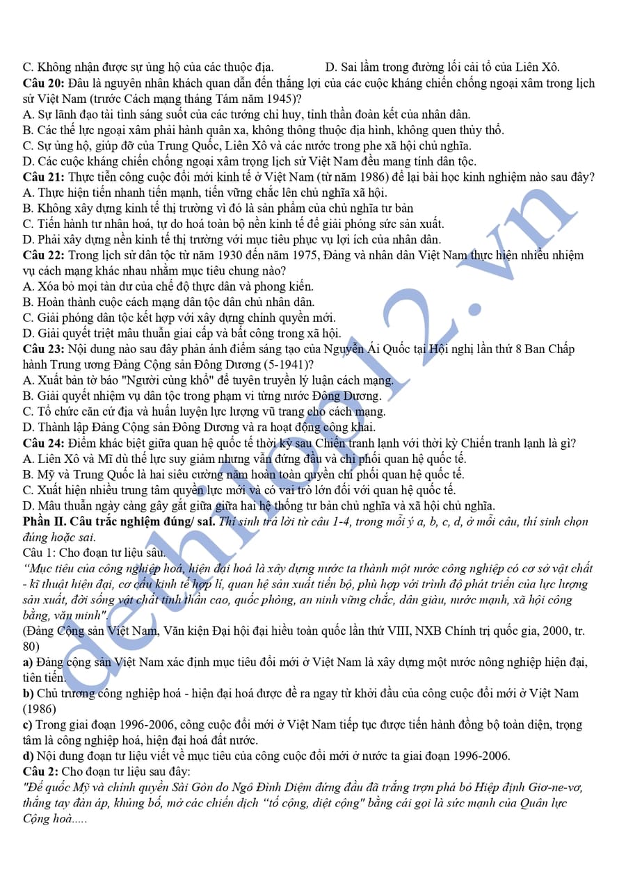 Đề thi thử tốt nghiệp môn sử tỉnh Quảng Nam 2025 3
