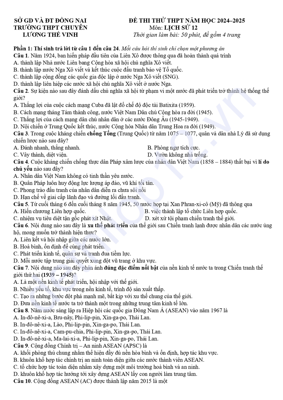 Đề thi thử tốt nghiệp môn sử chuyên Lương Thế Vinh 2025
