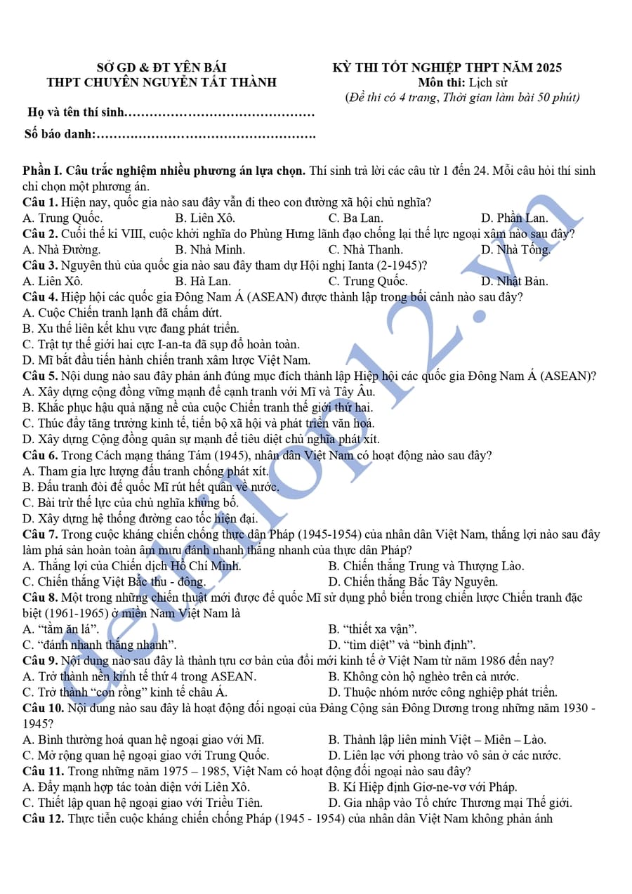 Đề thi thử tốt nghiệp môn sử chuyên Nguyễn Tất Thành 2025