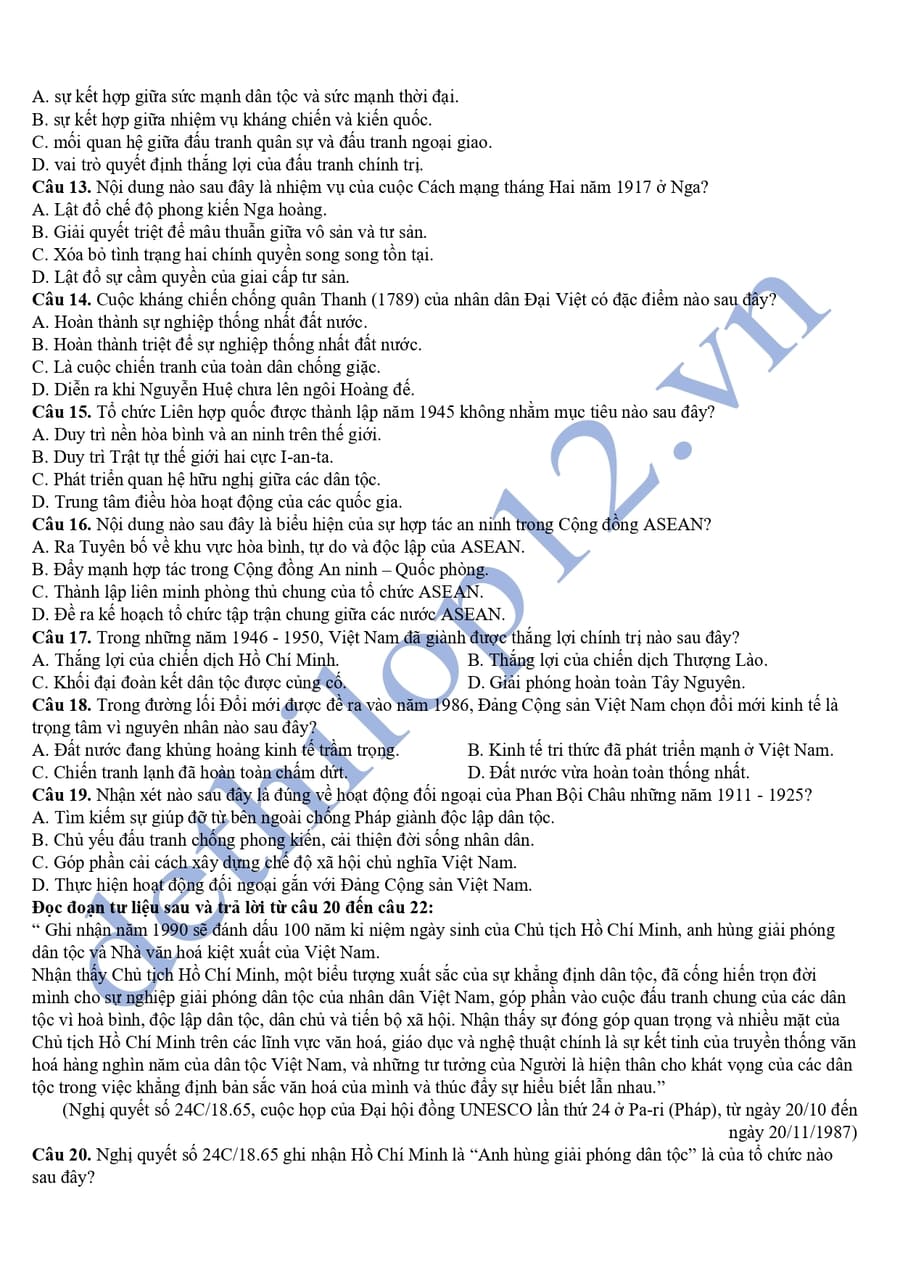 Đề thi thử tốt nghiệp môn sử chuyên Nguyễn Tất Thành 2025 2