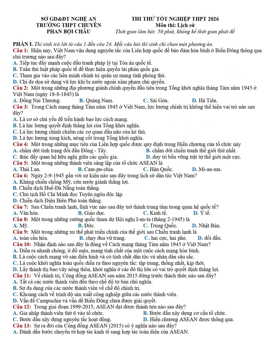 Đề thi thử tốt nghiệp môn sử chuyên Phan Bội Châu 2026