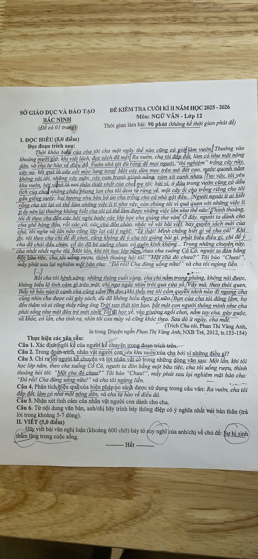 Đề thi HK2 lớp 12 môn Văn Bắc Ninh 2026