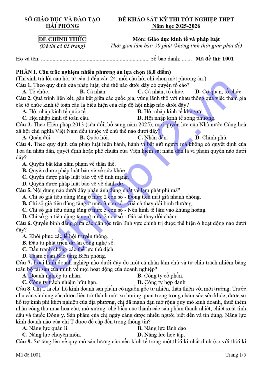 Đề thi khảo sát môn ktpl Hải Phòng 2026 lần 1 có đáp án