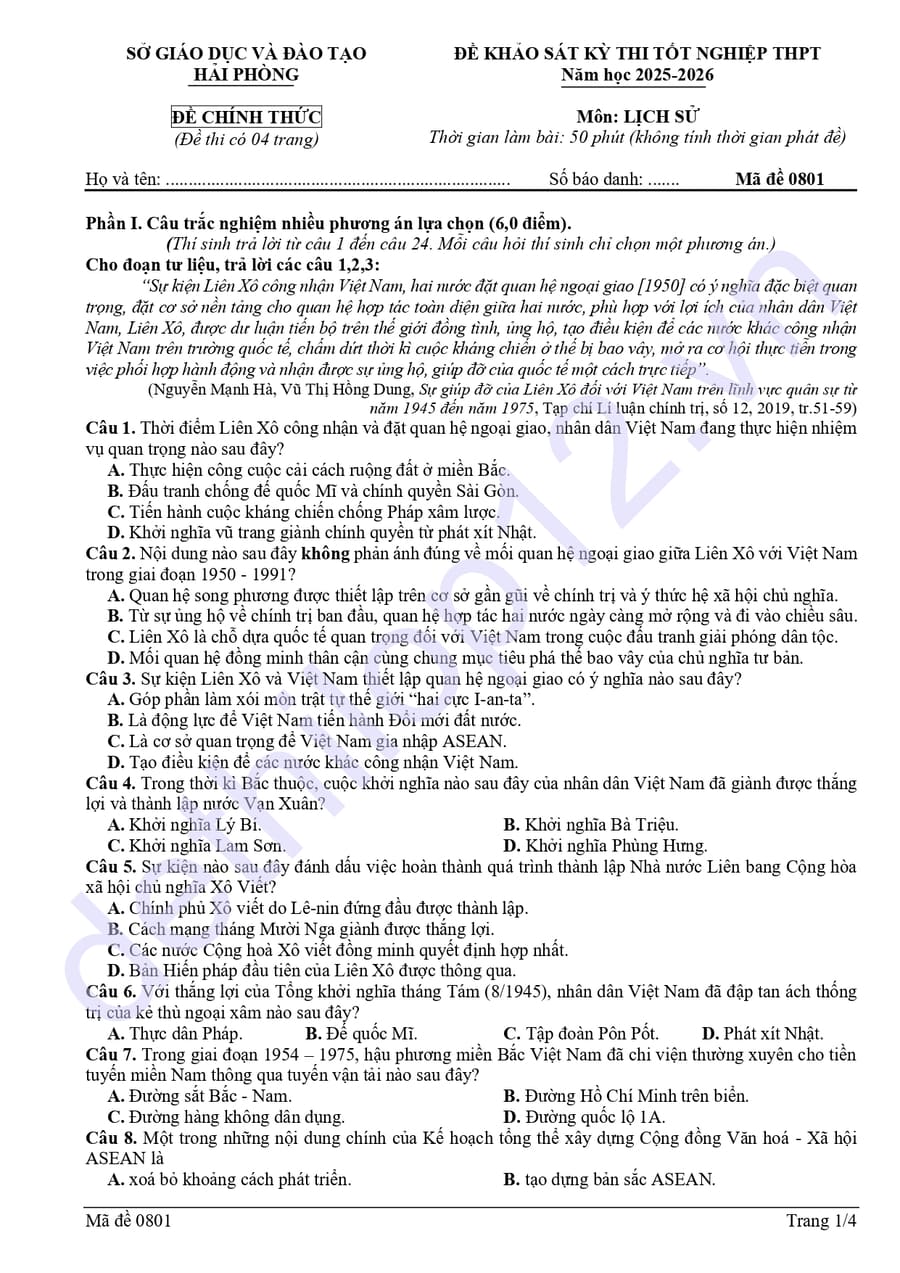 Đề thi khảo sát môn sử thành phố Hải Phòng 2026 lần 1