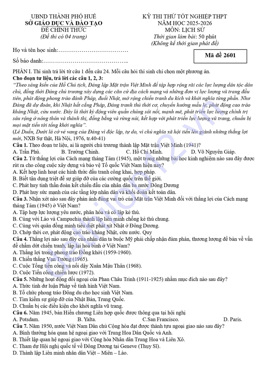 Đề thi thử tốt nghiệp môn sử thành phố Huế 2026 