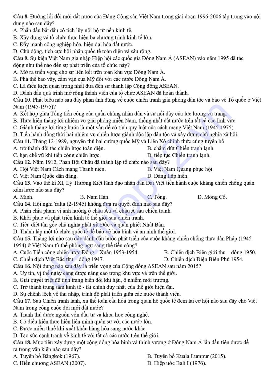 Đề thi thử tốt nghiệp môn sử thành phố Huế 2026  2