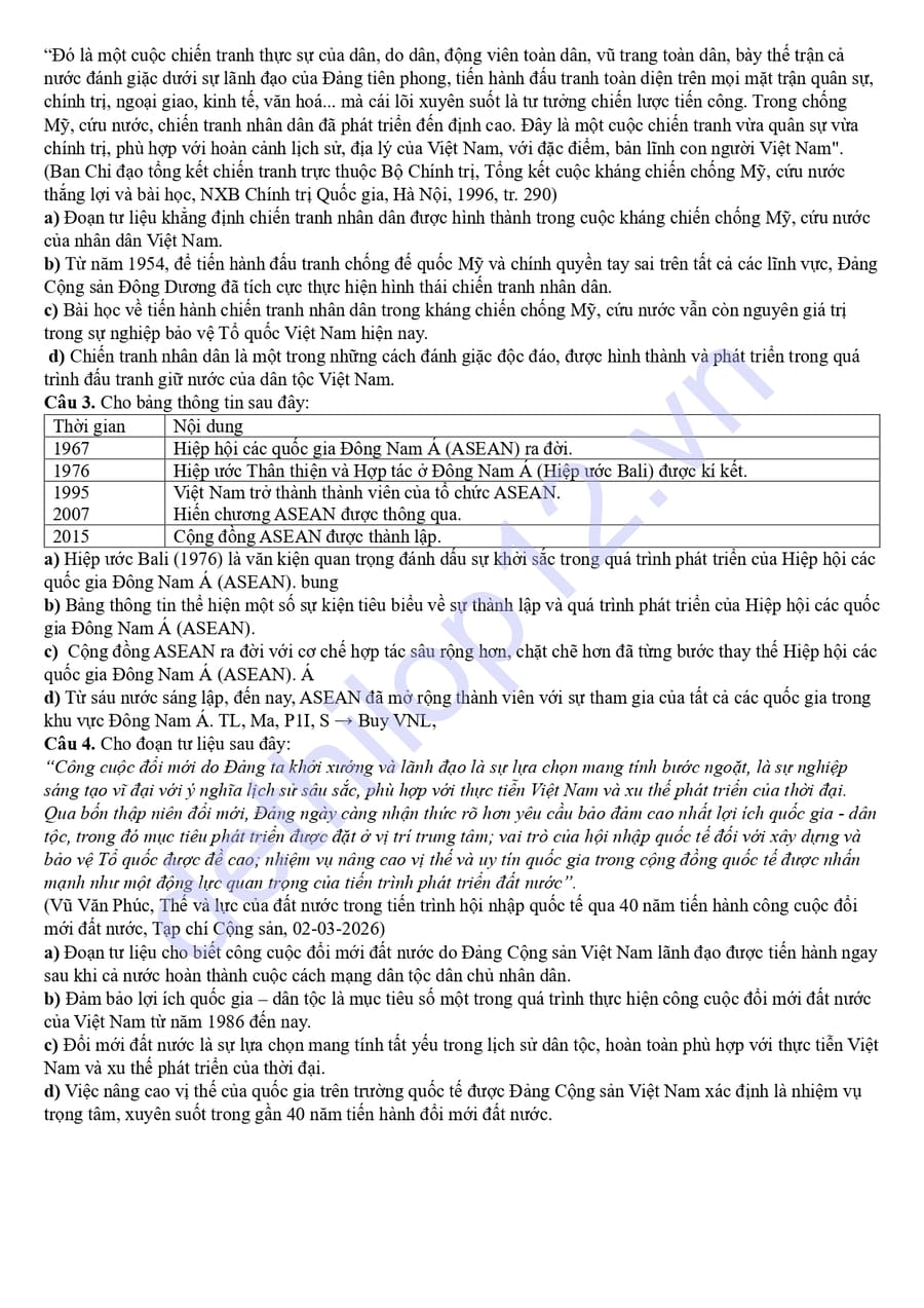 Đề thi thử tốt nghiệp môn sử thành phố Huế 2026 4