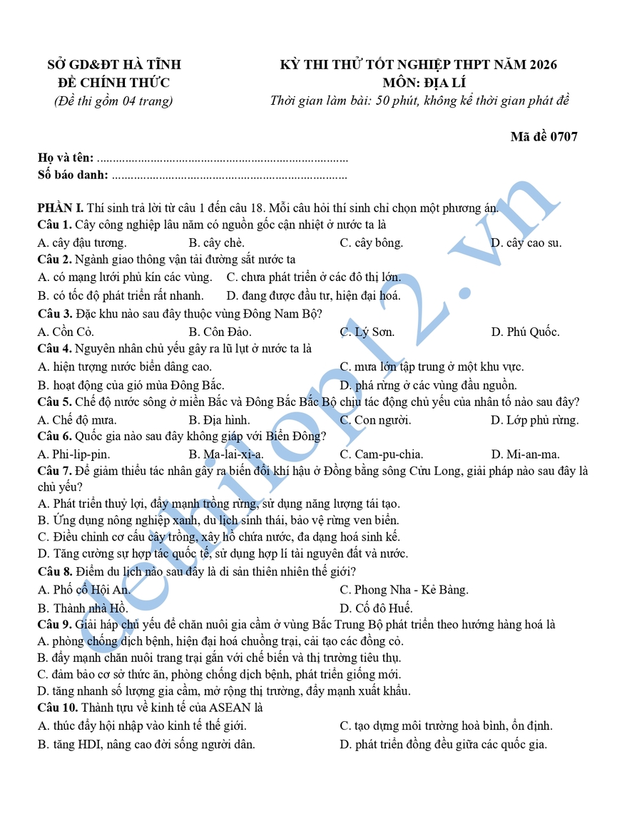 Đề thi thử tốt nghiệp môn địa lí Hà Tĩnh 2026 