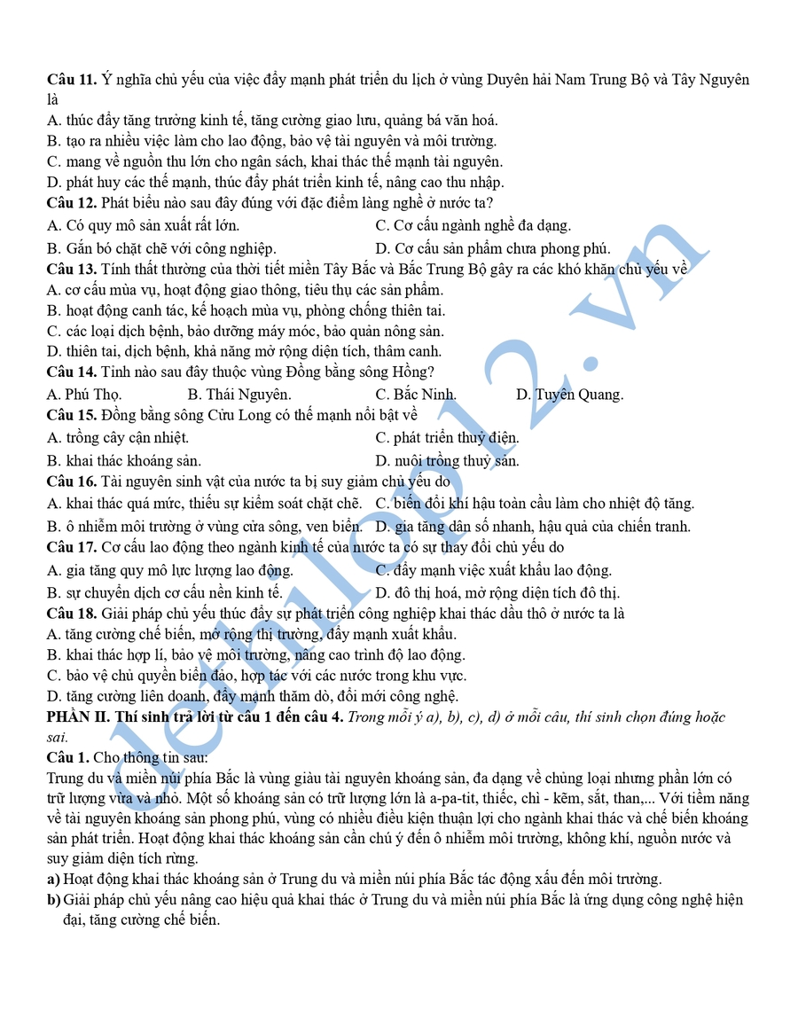 Đề thi thử tốt nghiệp môn địa lí Hà Tĩnh 2026  2