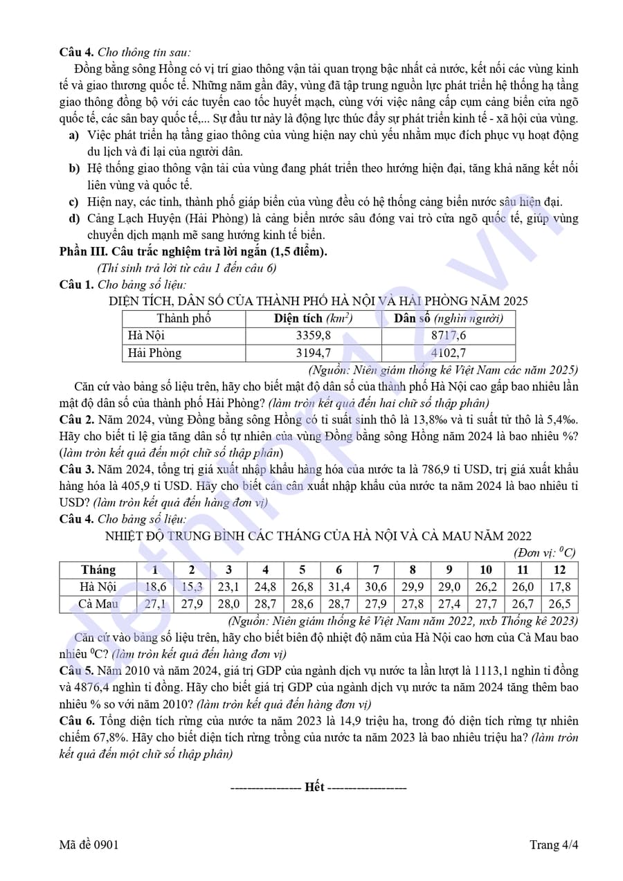 Đề thi khảo sát môn địa Hải Phòng 2026 lần 1 có đáp án 2