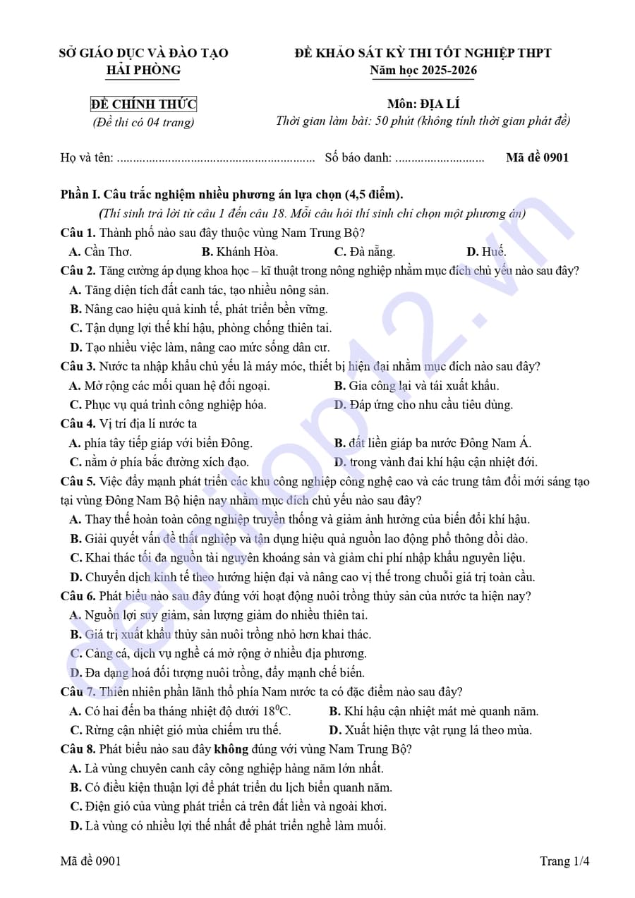 Đề thi khảo sát môn địa Hải Phòng 2026 lần 1 có đáp án