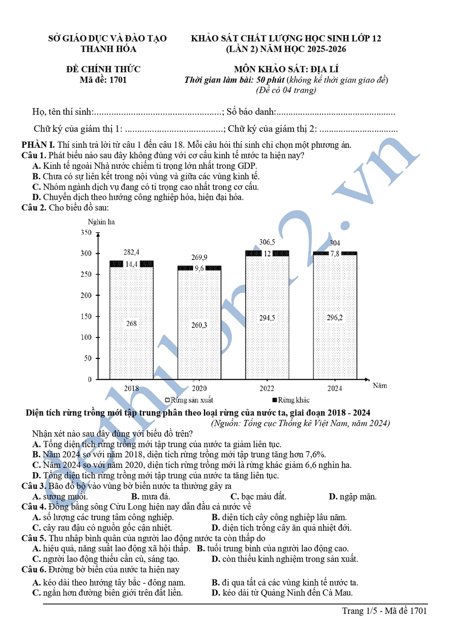 Đề thi thử tốt nghiệp môn địa Thanh Hoá 2026 lần 2 