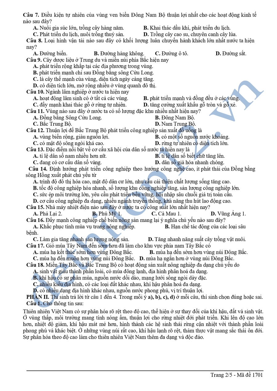 Đề thi thử tốt nghiệp môn địa Thanh Hoá 2026 lần 2  2