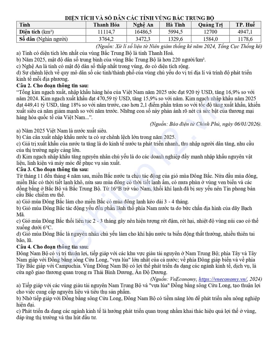 Đề thi thử tốt nghiệp môn Địa Thành phố Huế 2026 2