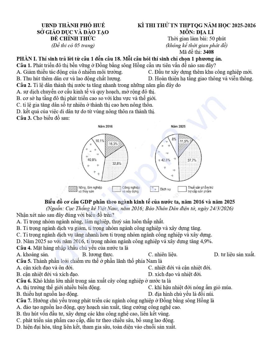 Đề thi thử tốt nghiệp môn Địa Thành phố Huế 2026