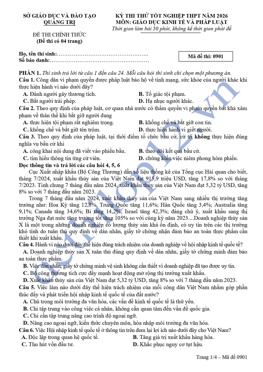 Đề thi thử tốt nghiệp môn KTPL Quảng Trị 2026