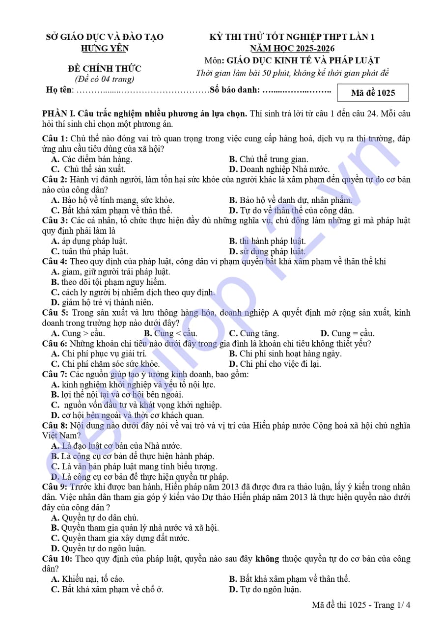 Đề thi thử tốt nghiệp môn KTPL Hưng Yên 2026 