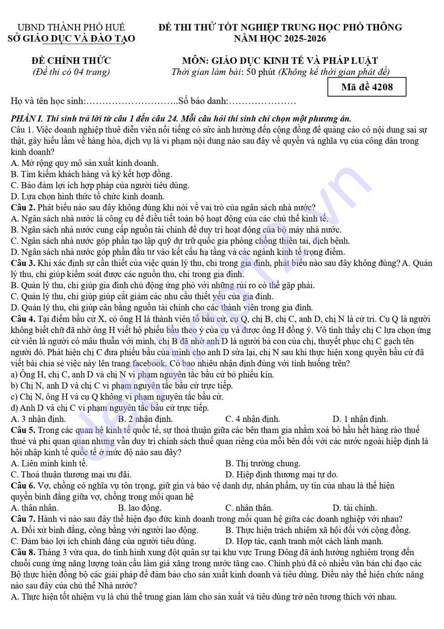 Đề thi thử tốt nghiệp môn KTPL Thành phố Huế 2026 