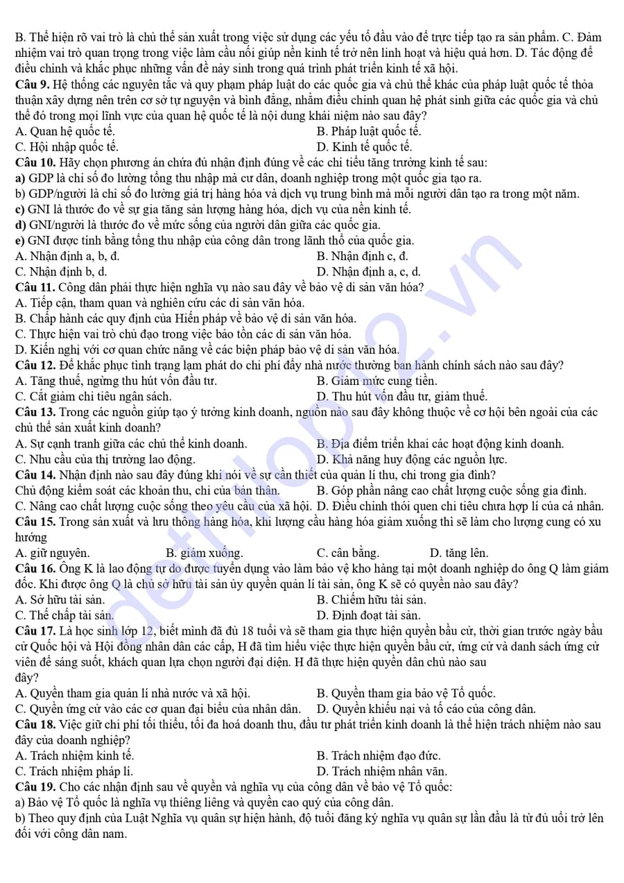 Đề thi thử tốt nghiệp môn KTPL Thành phố Huế 2026  2