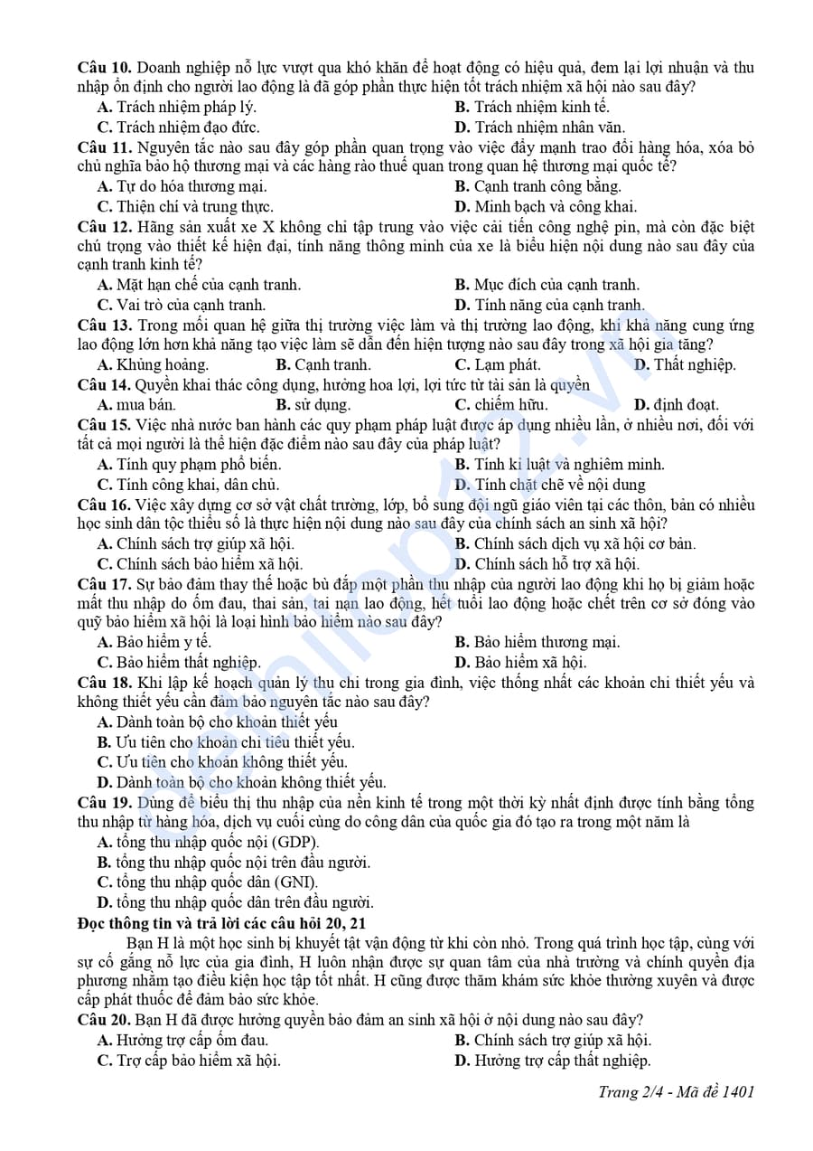 Đề thi thử tốt nghiệp môn KTPL Nam Định 2025 lần 1 2